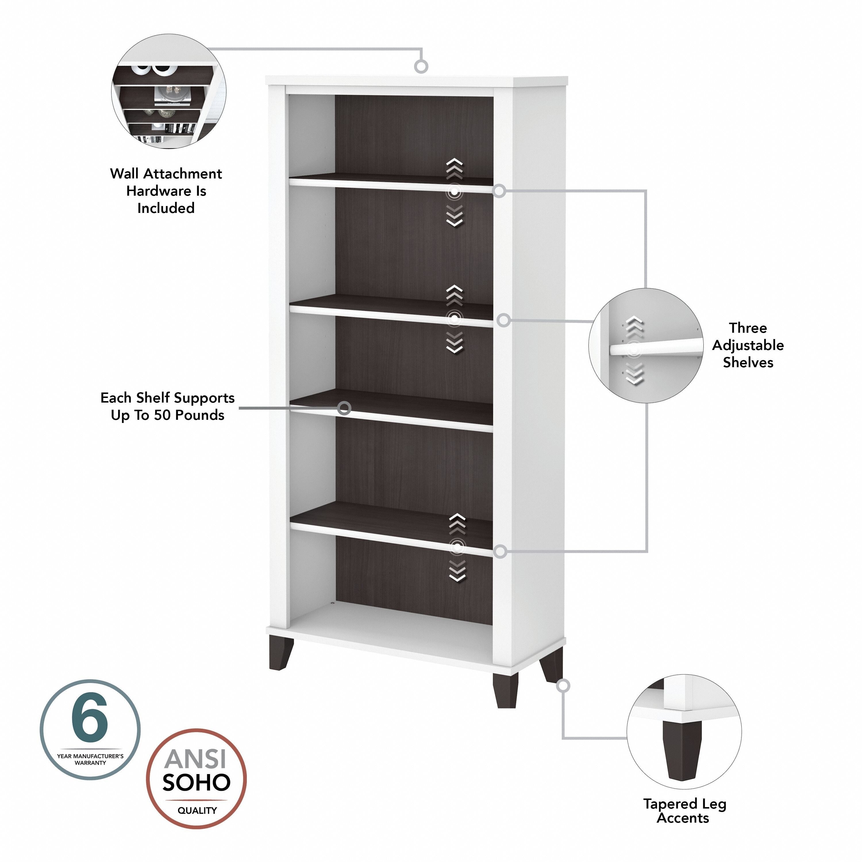 Bibliothèque haute à 5 étagères Bush Furniture Somerset avec tablettes réglables