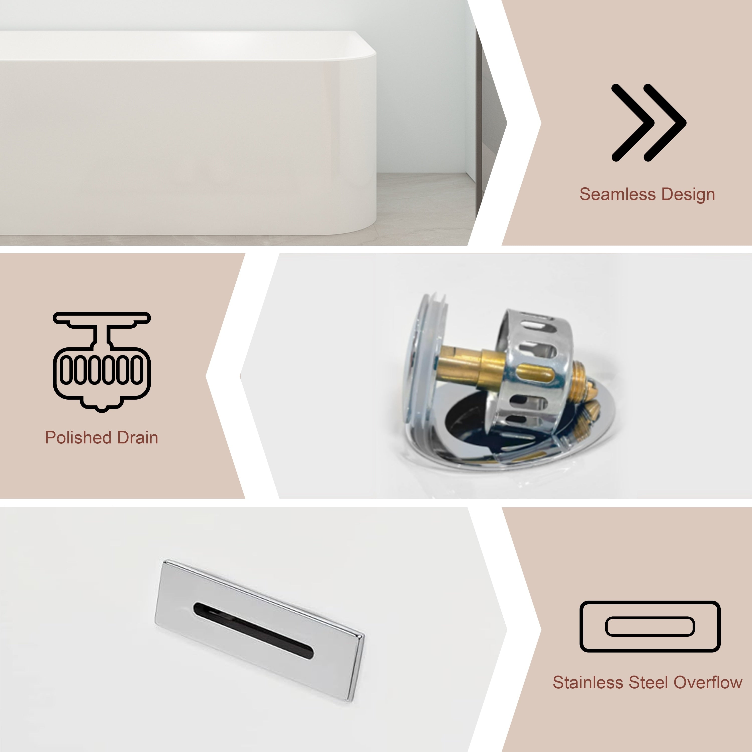 Baignoires autoportantes en acrylique CB HOME 59''/67'', baignoires simples contre le mur, trop-plein gauche/droite