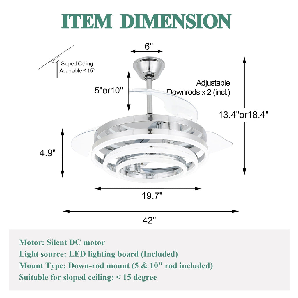 Ventilateur de plafond rétractable Cusp Barn 42 avec lumières et télécommande DIY Forme Fandelier Moderne Silencieux Moteur CC Plafonnier LED