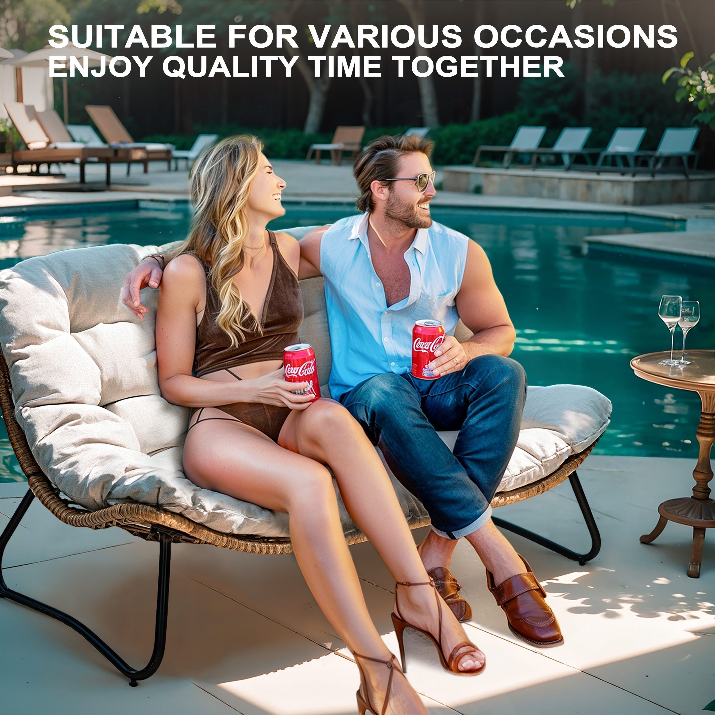 Fauteuil Papasan double avec coussin, rotin PE toutes saisons et cadre en métal pour intérieur et extérieur