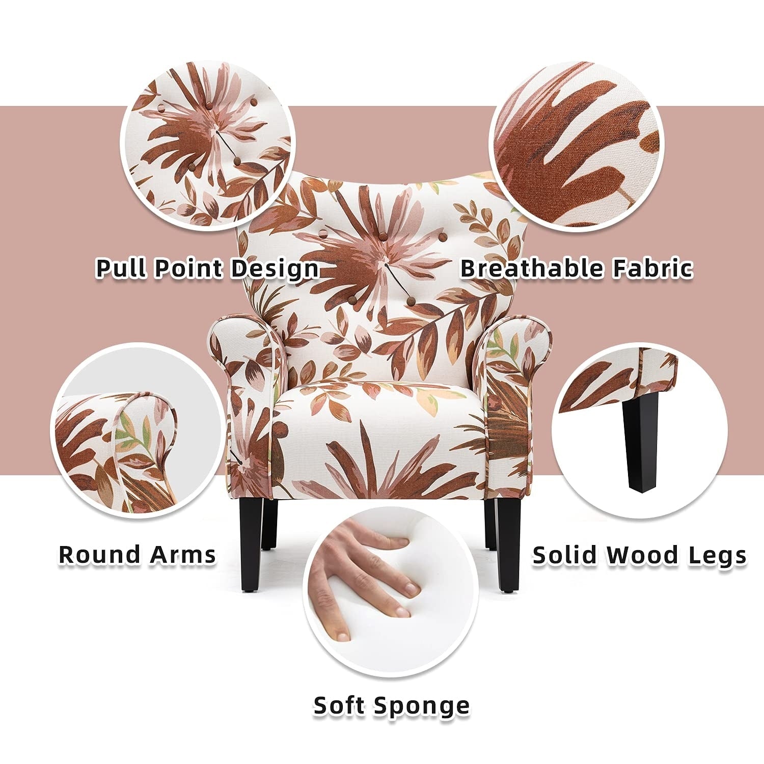 Fauteuil d'appoint moderne Erommy, fauteuil à dossier haut, canapé simple en tissu rembourré avec pieds en bois pour le salon