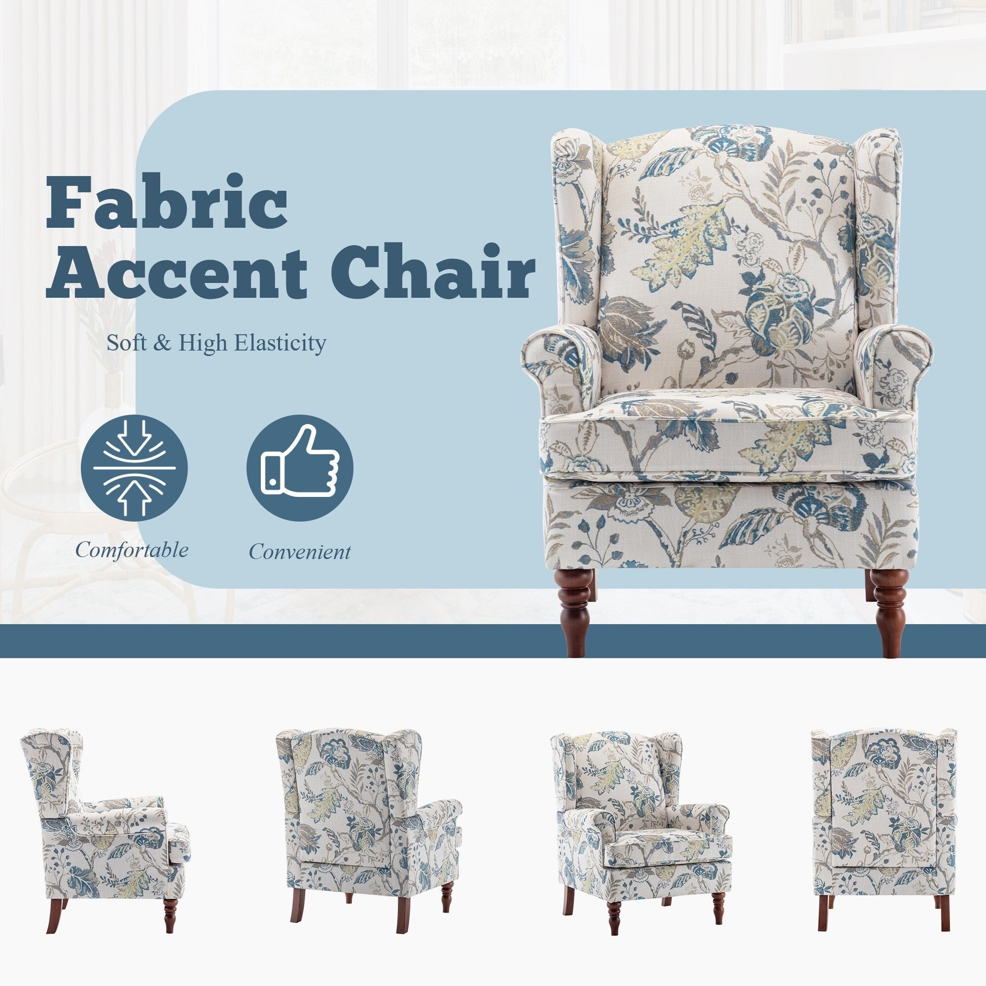 Fauteuil d'appoint moderne Erommy, fauteuil à dossier haut, canapé simple en tissu rembourré avec pieds en bois pour le salon