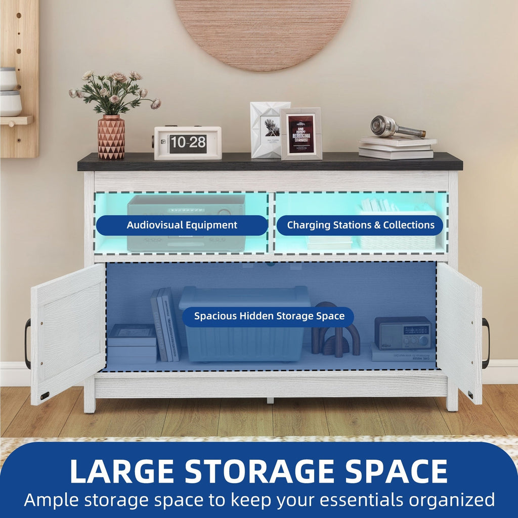 Meuble TV Farmhouse pouvant accueillir jusqu'à 65 téléviseurs avec portes et étagères ouvertes Console multimédia Prise de courant