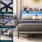 Cadre de lit plateforme en bois de style ferme avec station de charge et lumières LED