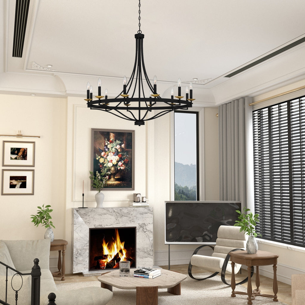 Lustre Empire à 12 lumières de style ferme moderne Fidenza avec roue de chariot et UL - D40'' * H135''