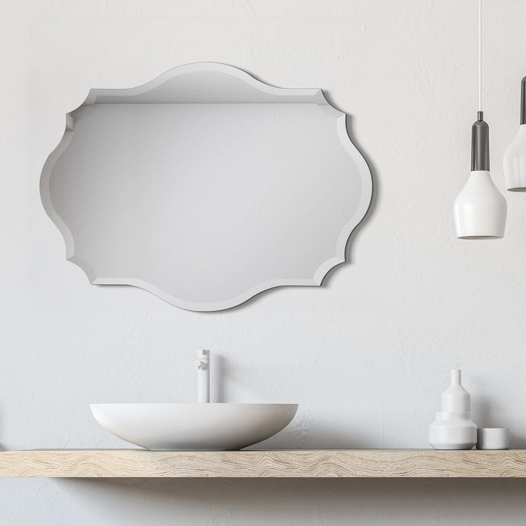 Miroir mural festonné élégant, oblong et biseauté, sans cadre