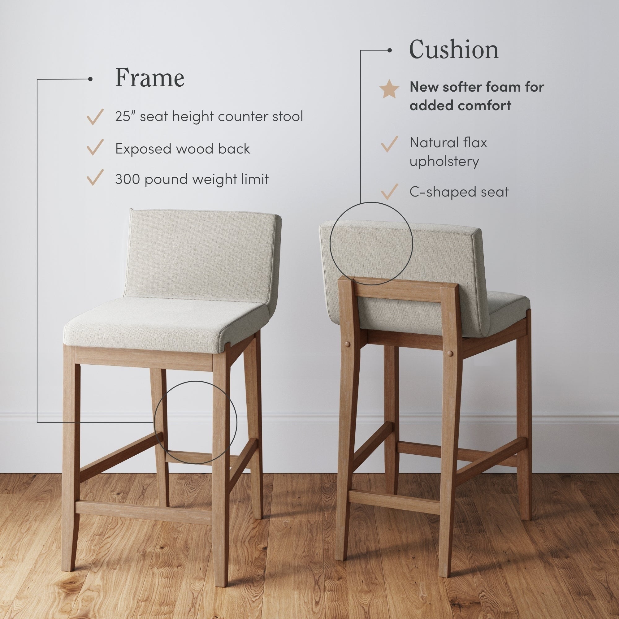 Tabouret de bar moderne Gracie, chaise rembourrée en boucle et pieds en bois brossé