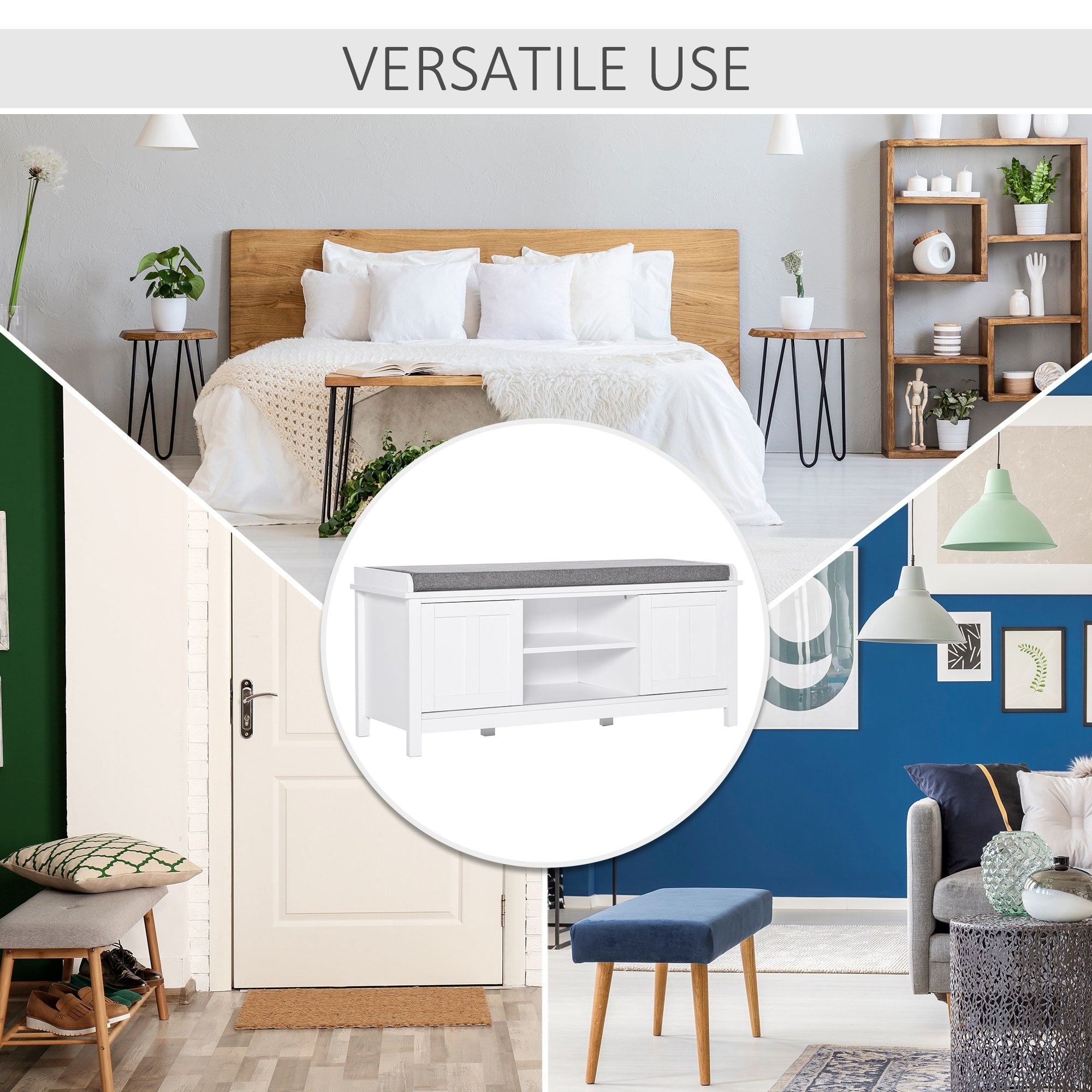 Banc à chaussures d'entrée HOMCOM avec rangement ottoman et étagères réglables, 6 compartiments et assise rembourrée, blanc/gris