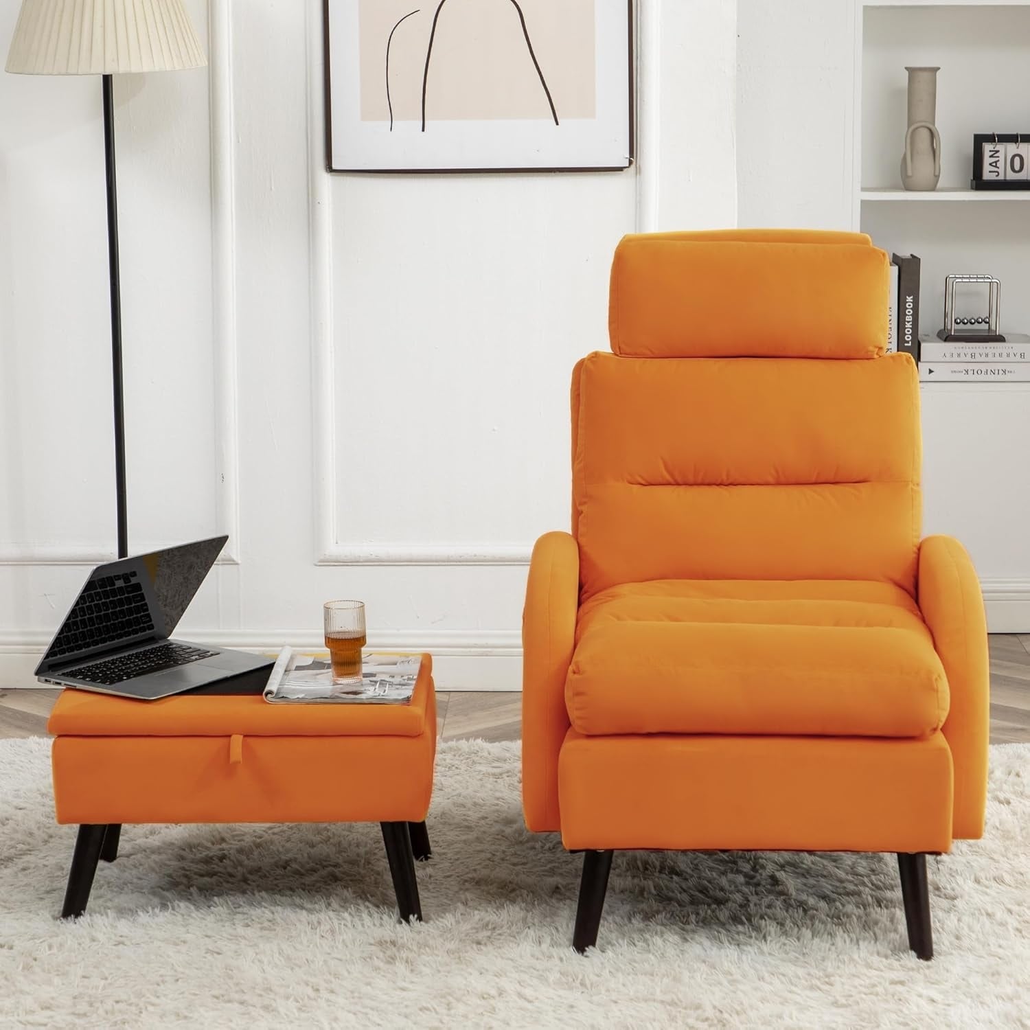 Fauteuil d'appoint HOMYKA avec dossier réglable et pouf de rangement