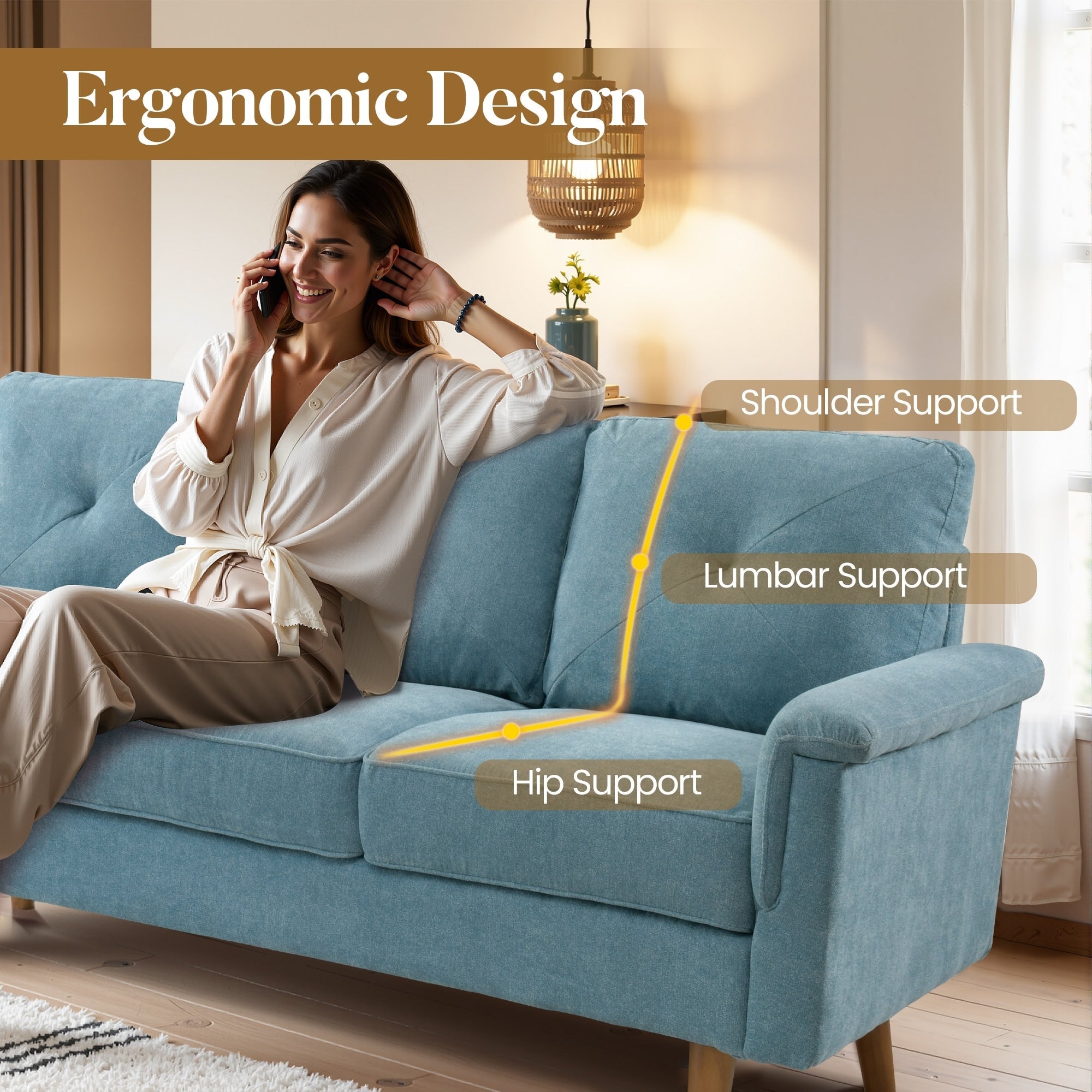 Canapé 3 places rembourré HOOOWOOO Mid-Century avec pieds en bois pour salon