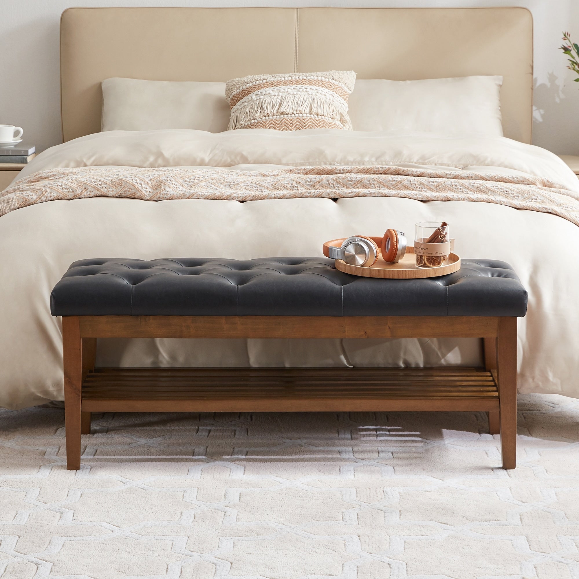 Banc à chaussures d'entrée, banc de rangement en tissu et bois massif, banc rembourré de 43 pouces pour salon et chambres