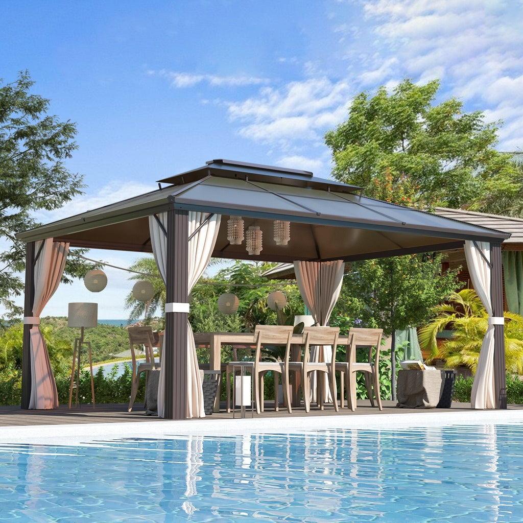 Gazebo à toit rigide EROMMY, pergola d'extérieur avec double toit, filet et rideaux, auvent robuste pour patio, arrière-cour, fête au bord de la piscine