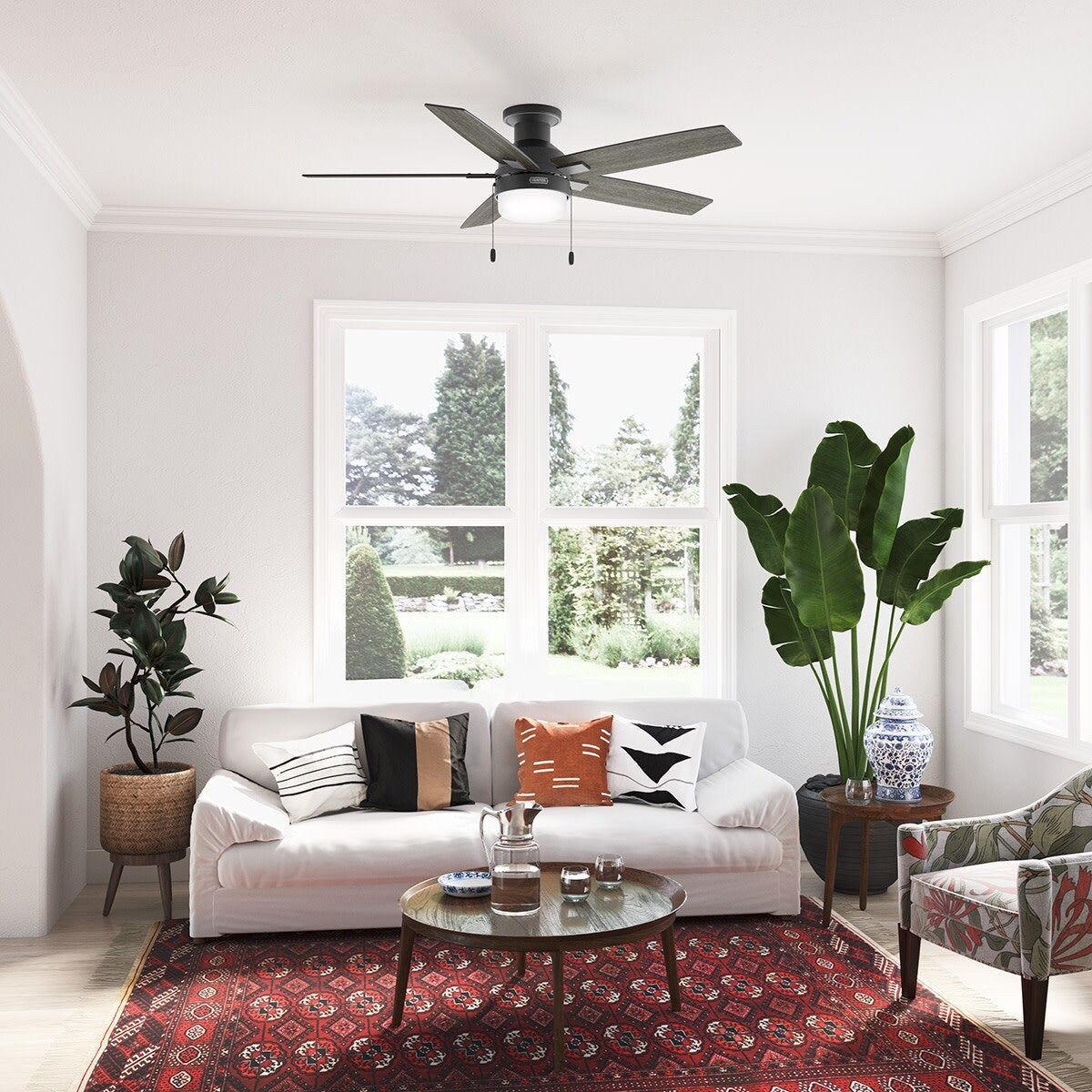 Ventilateur de plafond à profil bas Hunter 52 Anisten avec éclairage LED et chaînette - Moderne, contemporain, transitionnel