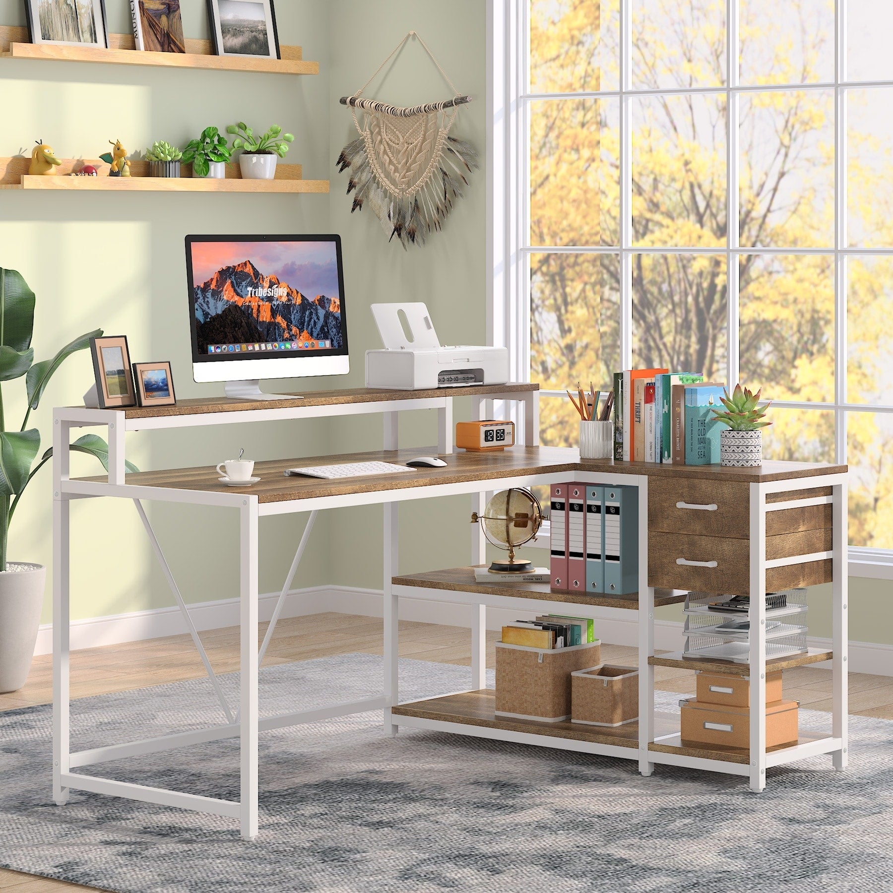 Bureau en L avec tiroir, bureau d'angle avec étagères de rangement et support d'écran, bureau PC rustique pour petits espaces