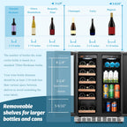 Réfrigérateur Lanbo 24 pouces à double zone, 18 bouteilles de vin et 55 canettes de boissons, en acier inoxydable et verre, avec porte française