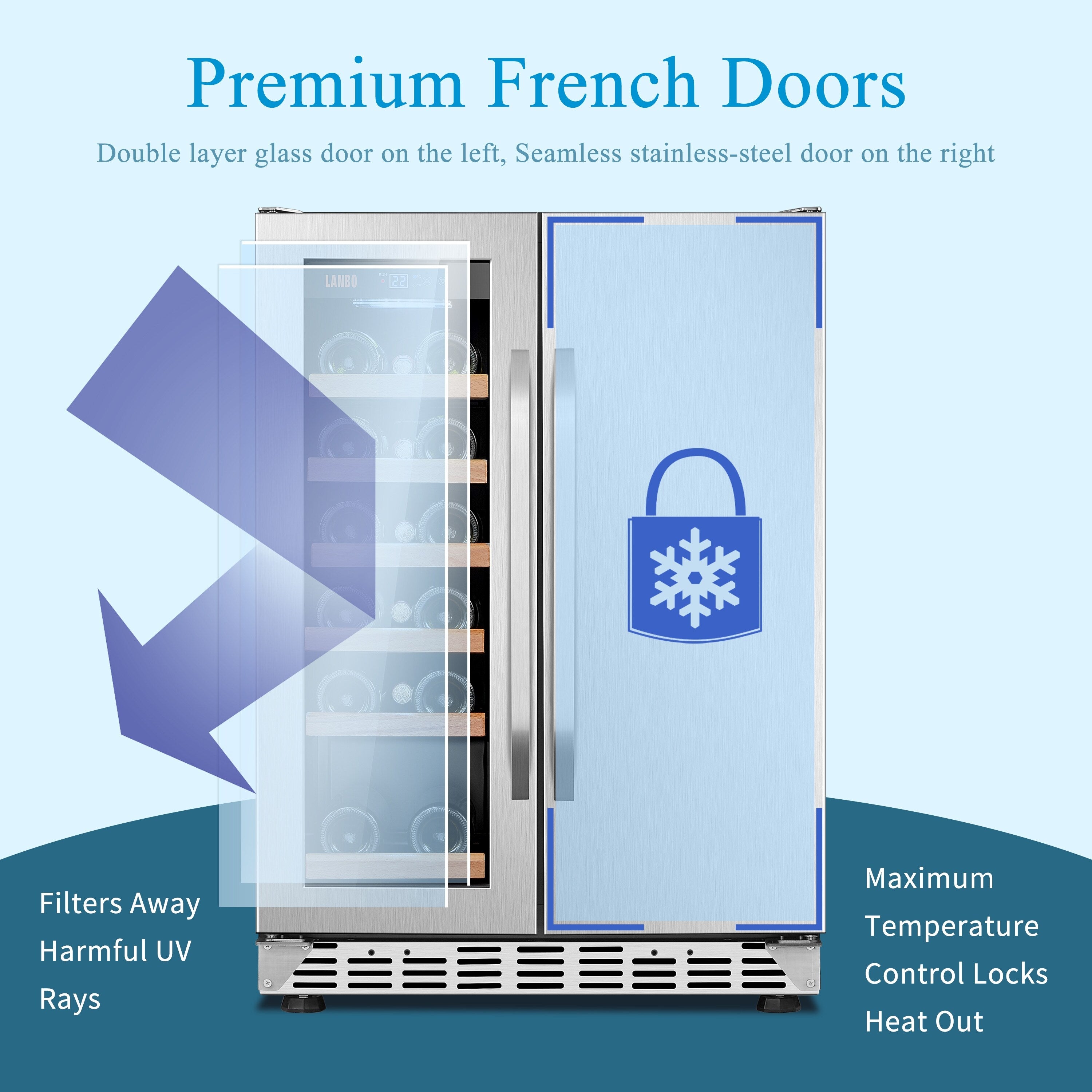 Réfrigérateur Lanbo 24 pouces à double zone, 18 bouteilles de vin et 55 canettes de boissons, en acier inoxydable et verre, avec porte française