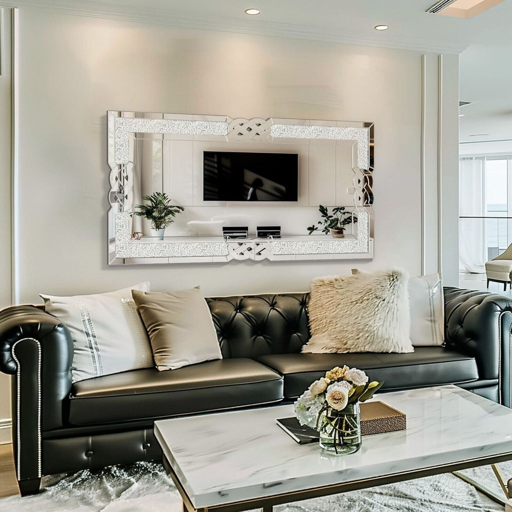 Grand miroir mural à emboîtement avec perles de cristal rectangulaires