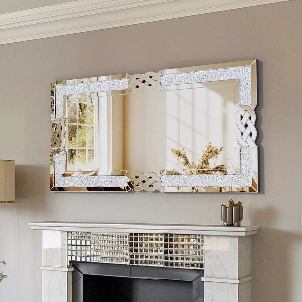 Grand miroir mural à emboîtement avec perles de cristal rectangulaires