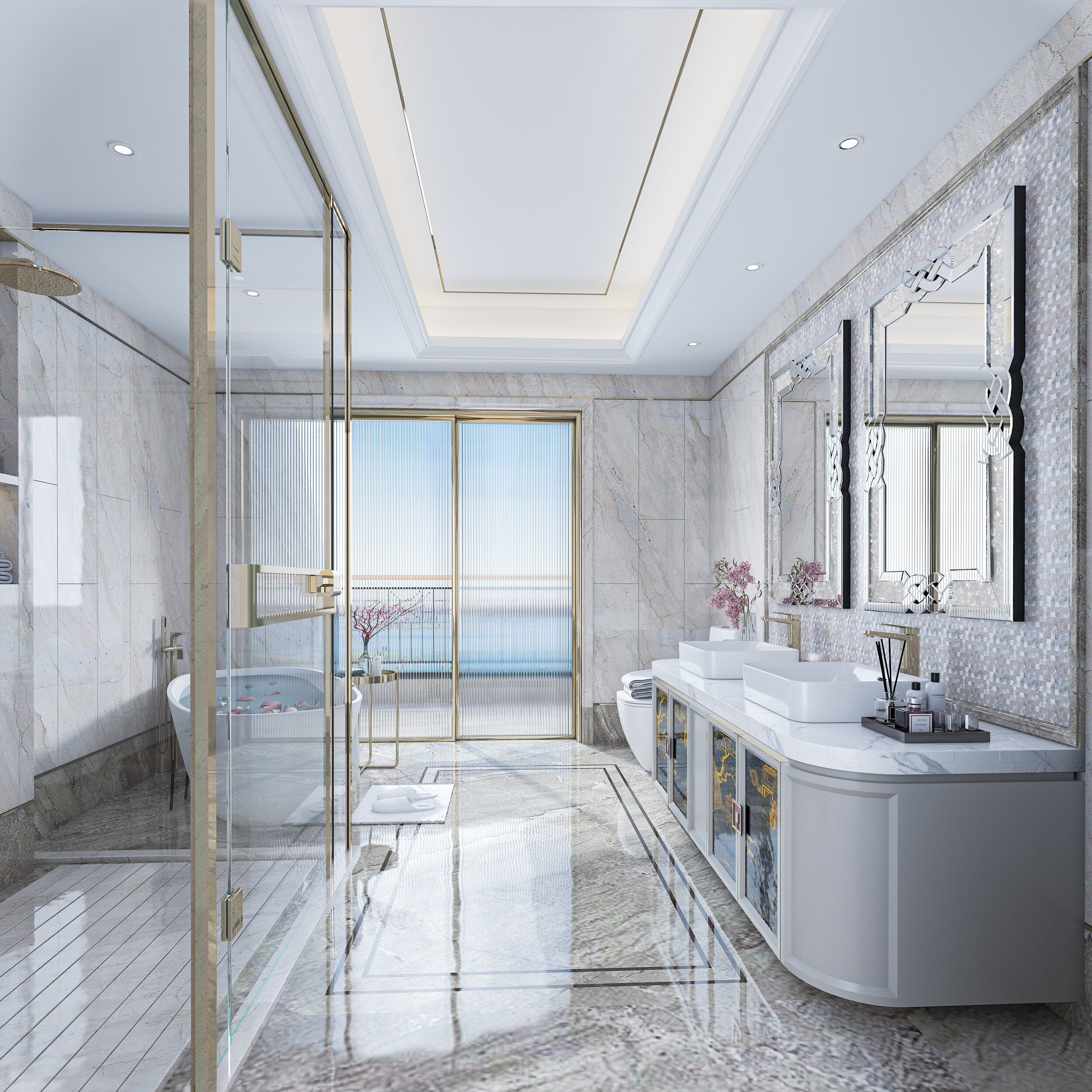 Grand miroir mural à emboîtement avec perles de cristal rectangulaires