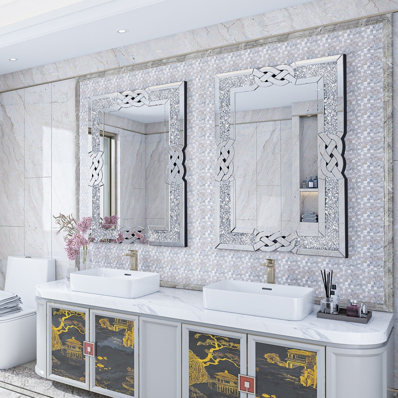 Grand miroir mural à emboîtement avec perles de cristal rectangulaires