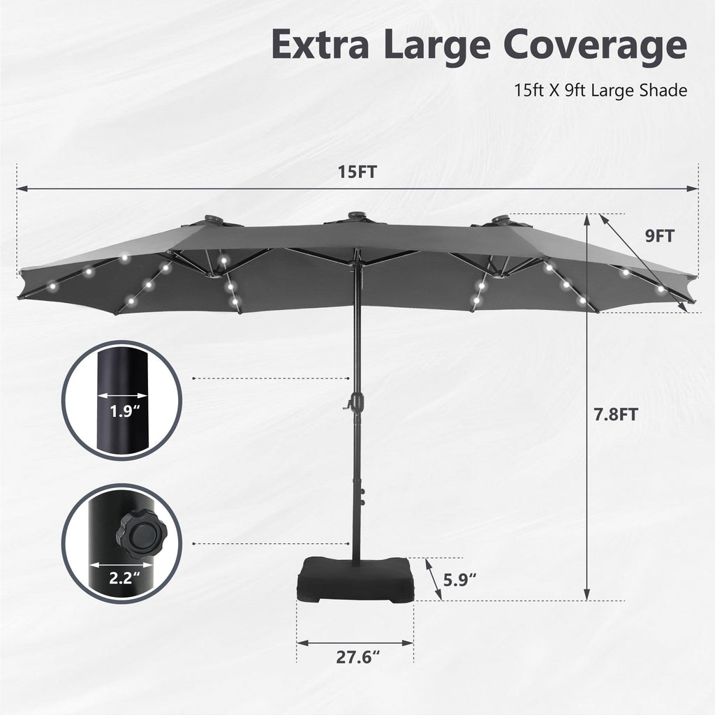 MAISON ARTS Parasol de marché extérieur rectangulaire à manivelle double face de 15 pieds Parasol de patio éclairé par LED solaire avec base incluse