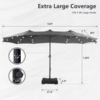 MAISON ARTS Parasol de marché extérieur rectangulaire à manivelle double face de 15 pieds Parasol de patio éclairé par LED solaire avec base incluse