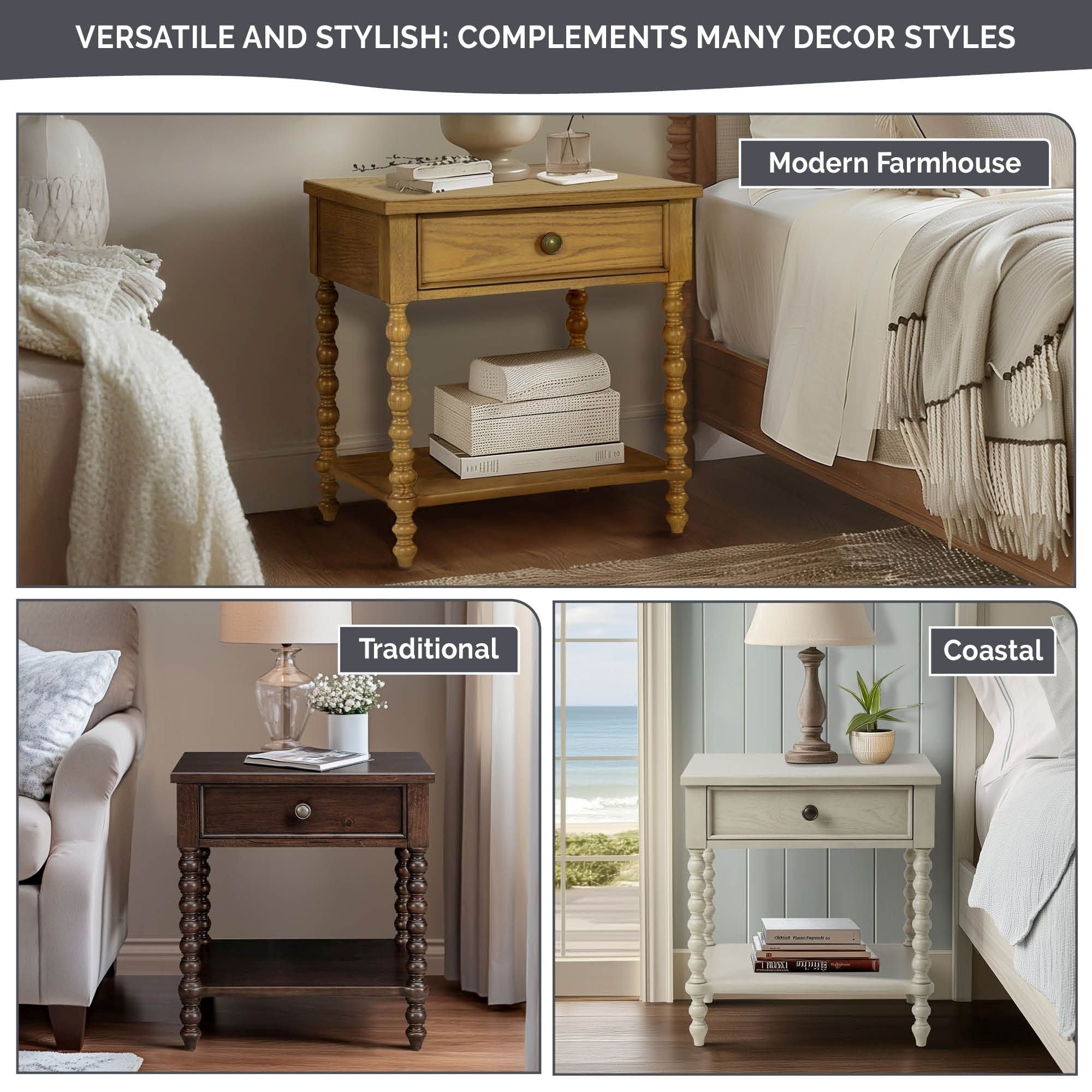 Table de chevet Madison Park Signature Beckett en bois tourné avec tiroir et étagère