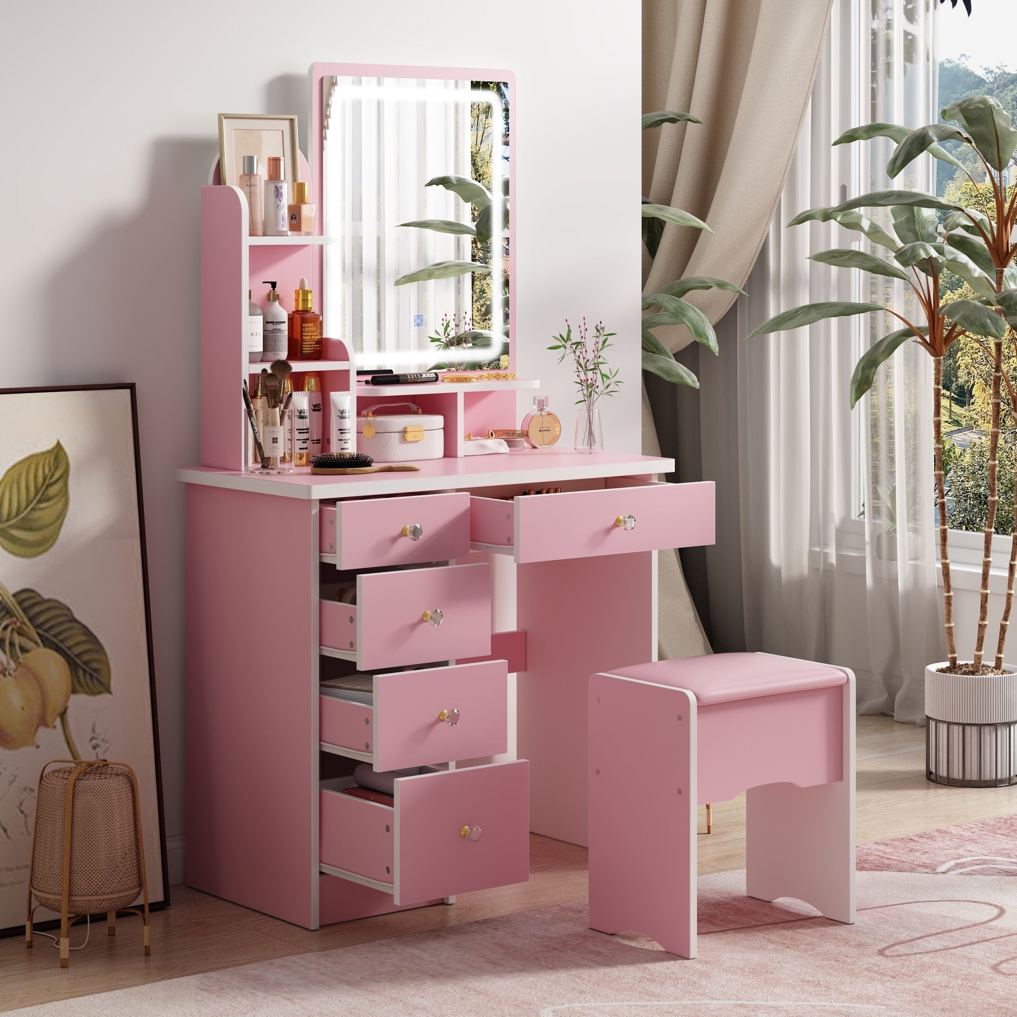 Coiffeuse avec éclairage LED, miroir et tabouret