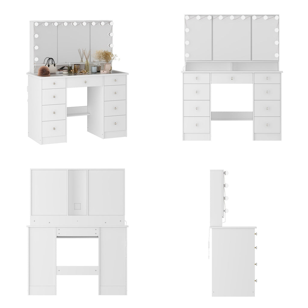 Coiffeuse avec miroir à trois volets et éclairage certifié, plateau en verre