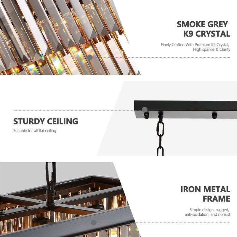 Lustre contemporain en cristal gris fumé et noir de 47 po, luminaire suspendu linéaire à deux niveaux pour îlot de cuisine et salle à manger