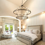 Lustre de ferme moderne à 2 niveaux, lustre rond en forme de roue de chariot, grand plafonnier haut.