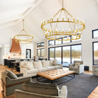 Lustre de ferme moderne à 2 niveaux, lustre rond en forme de roue de chariot, grand plafonnier haut.