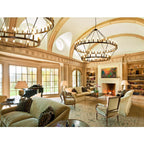 Lustre de ferme moderne à 2 niveaux, lustre rond en forme de roue de chariot, grand plafonnier haut.