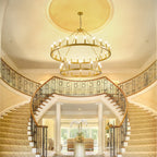 Lustre de ferme moderne à 2 niveaux, lustre rond en forme de roue de chariot, grand plafonnier haut.