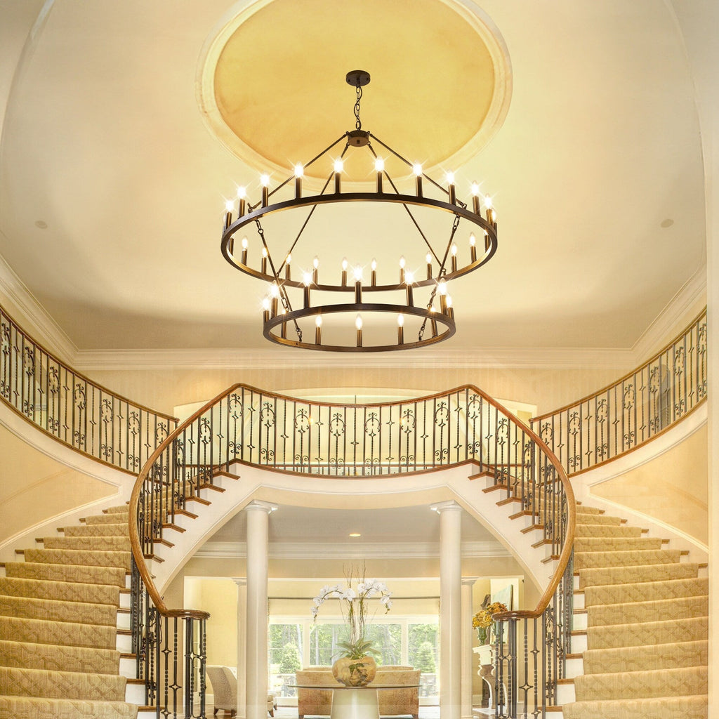 Lustre de ferme moderne à 2 niveaux, lustre rond en forme de roue de chariot, grand plafonnier haut.