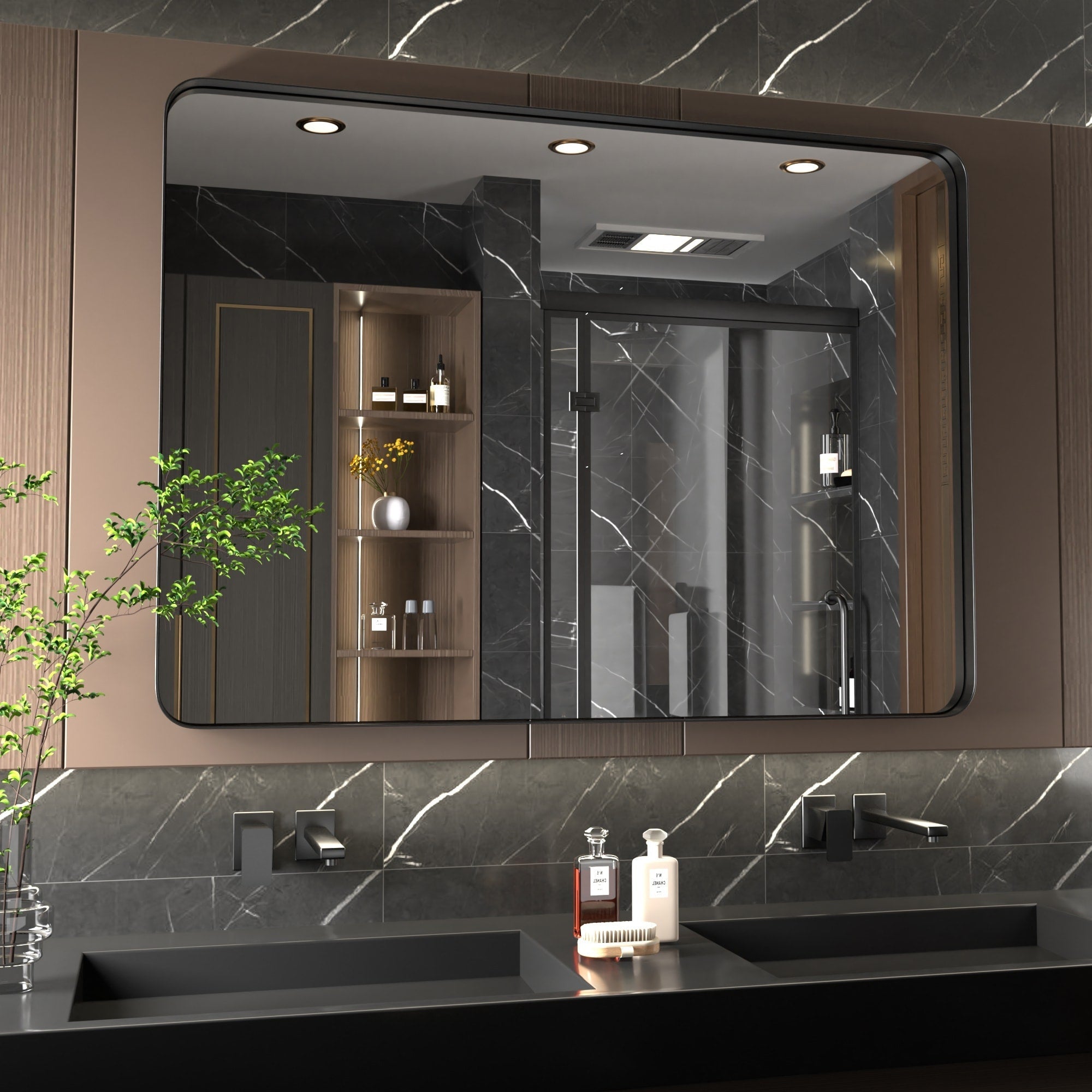 Miroir mural moderne, miroir rectangulaire avec cadre en métal, miroir de salle de bain avec miroir de courtoisie d'angle rond pour vertical/horizontal