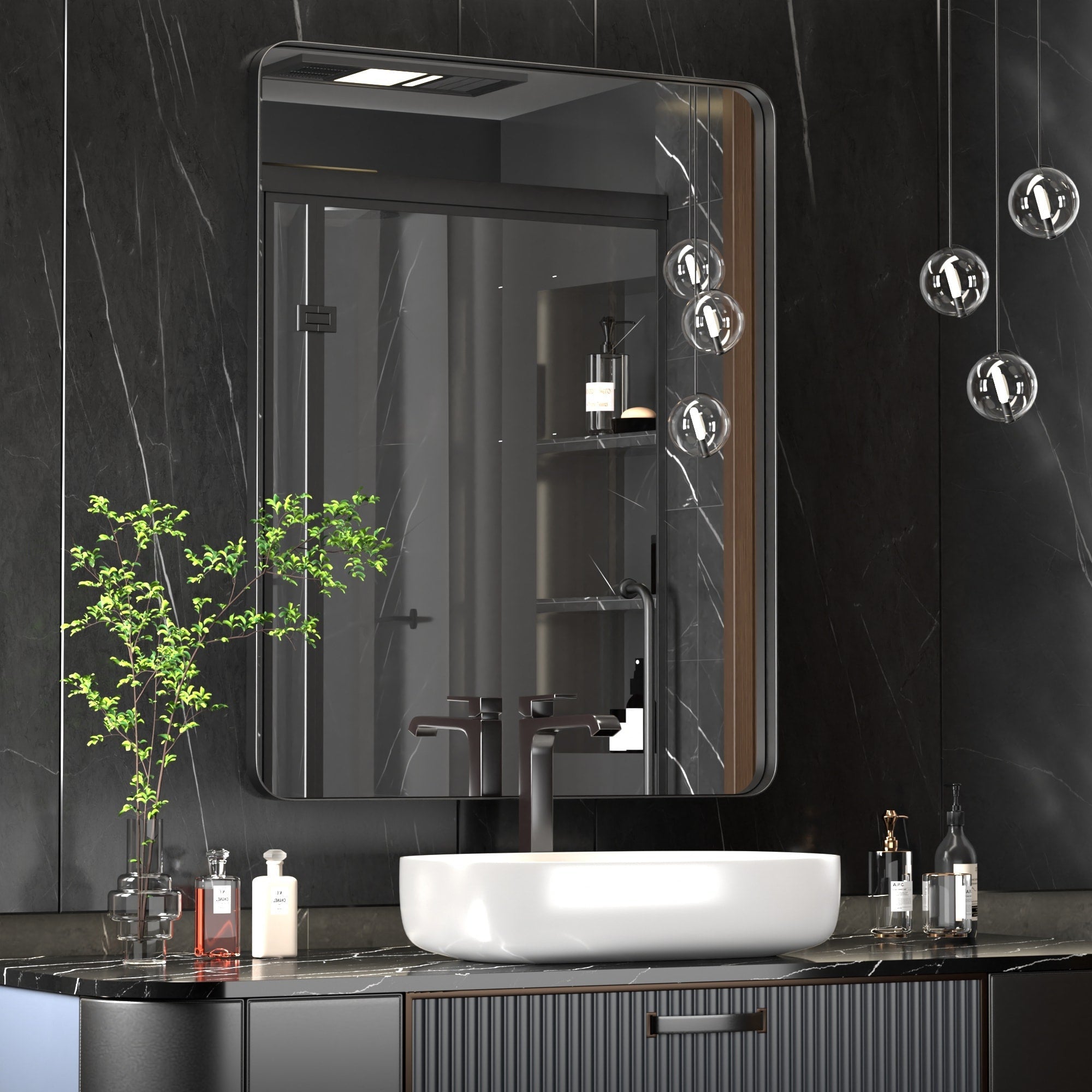 Miroir mural moderne, miroir rectangulaire avec cadre en métal, miroir de salle de bain avec miroir de courtoisie d'angle rond pour vertical/horizontal