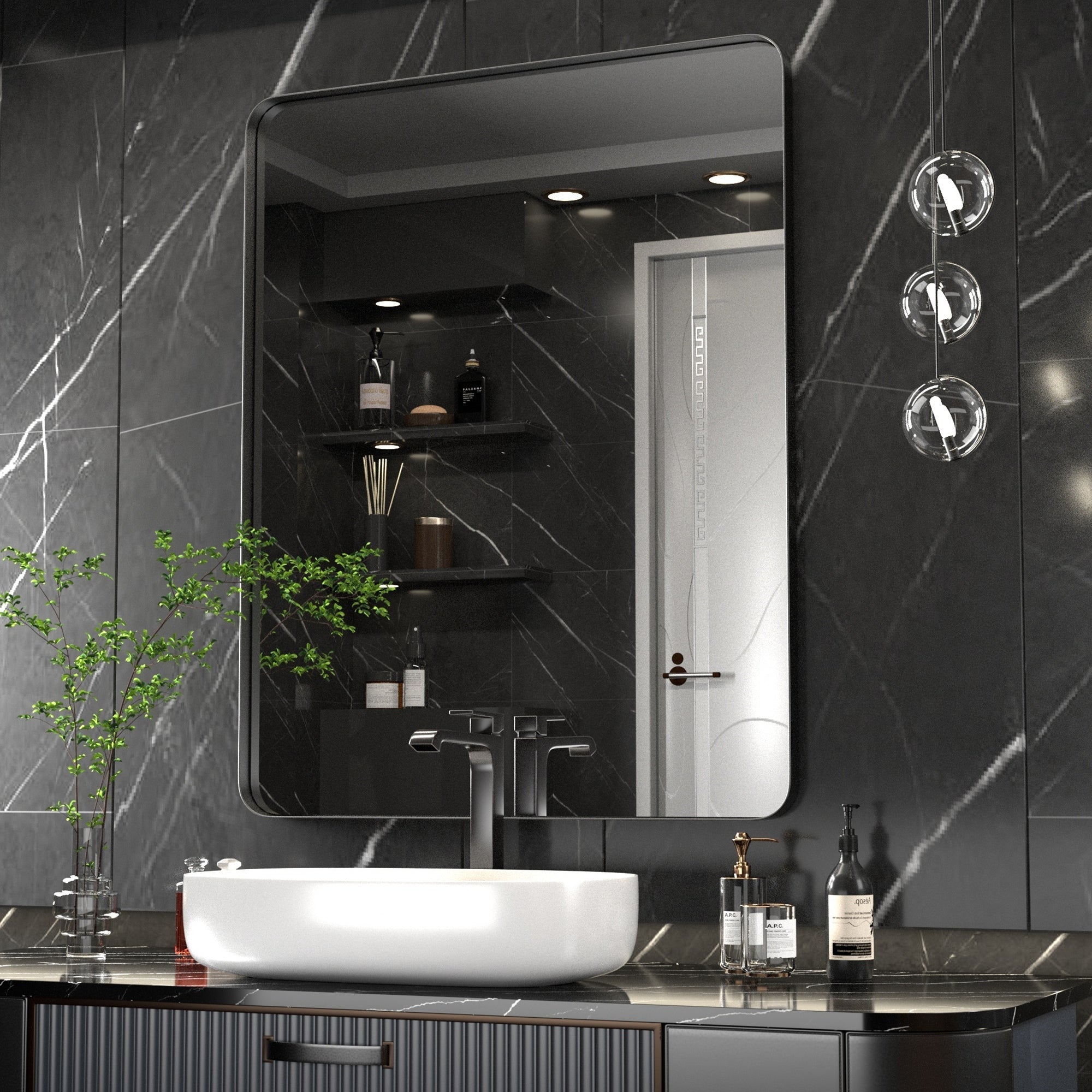 Miroir mural moderne, miroir rectangulaire avec cadre en métal, miroir de salle de bain avec miroir de courtoisie d'angle rond pour vertical/horizontal