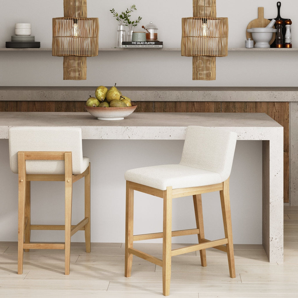 Tabouret de bar moderne Gracie, chaise rembourrée en boucle et pieds en bois brossé