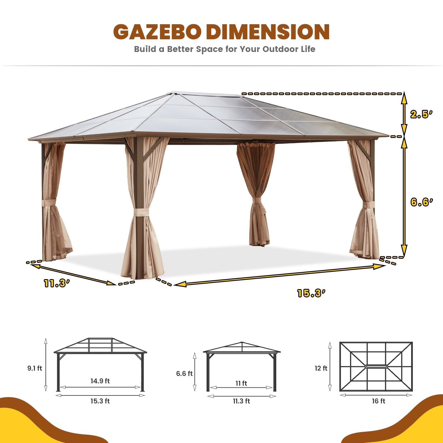 Gazebo à toit rigide EROMMY, pergola d'extérieur avec double toit, filet et rideaux, auvent robuste pour patio, arrière-cour, fête au bord de la piscine