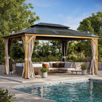 Gazebo à toit rigide EROMMY, pergola d'extérieur avec double toit, filet et rideaux, auvent robuste pour patio, arrière-cour, fête au bord de la piscine