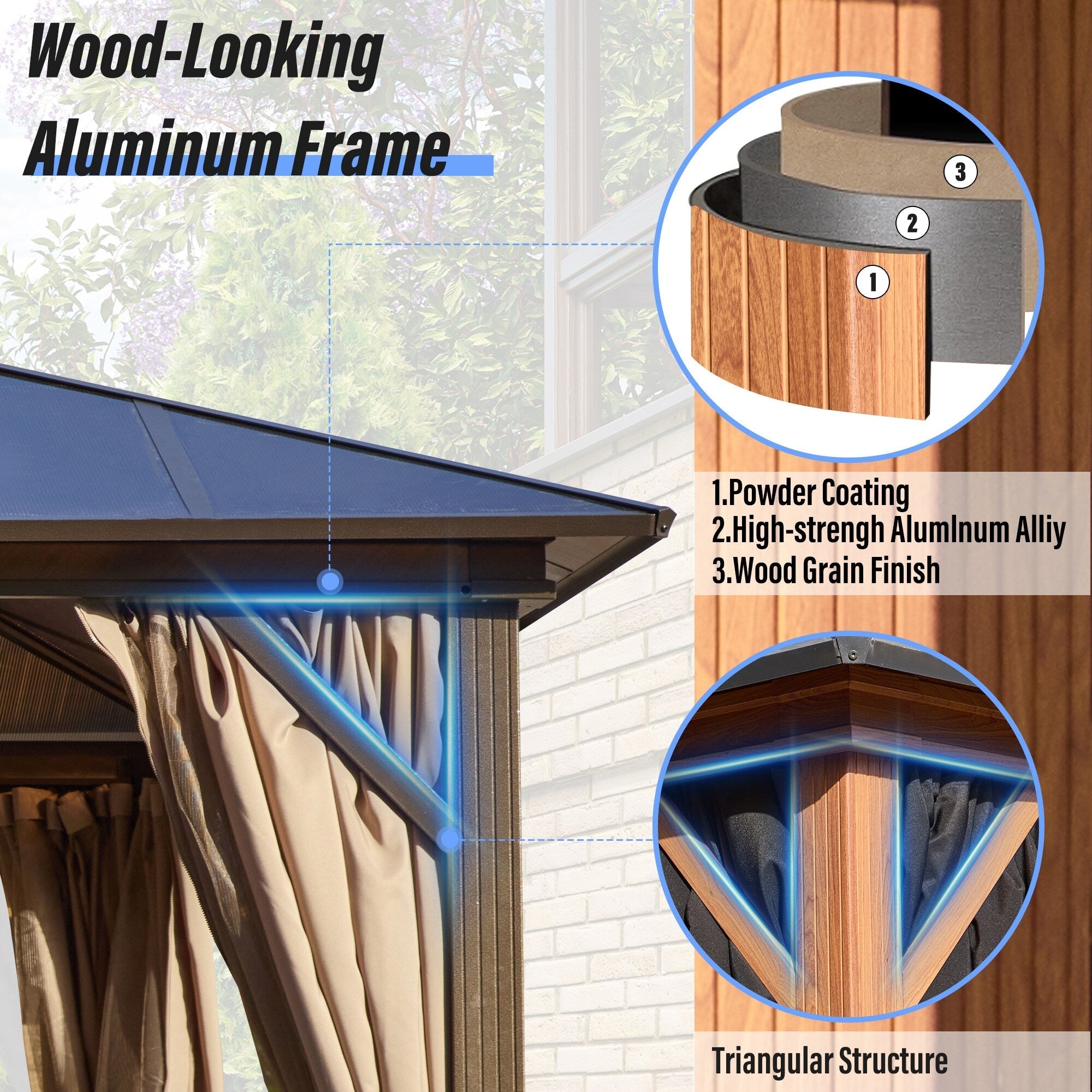 Gazebo à toit rigide EROMMY, pergola d'extérieur avec double toit, filet et rideaux, auvent robuste pour patio, arrière-cour, fête au bord de la piscine