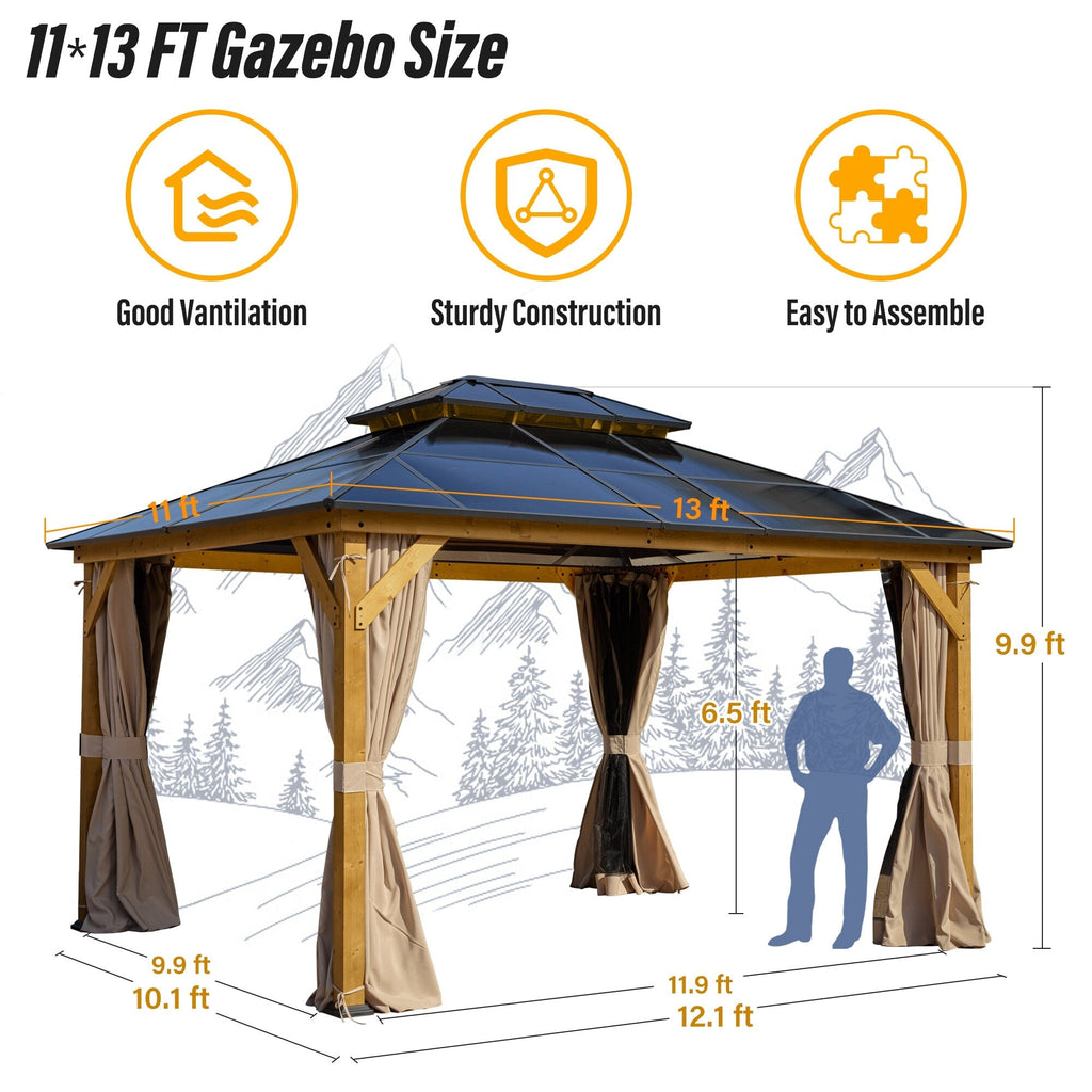 Gazebo à toit rigide EROMMY, pergola d'extérieur avec double toit, filet et rideaux, auvent robuste pour patio, arrière-cour, fête au bord de la piscine