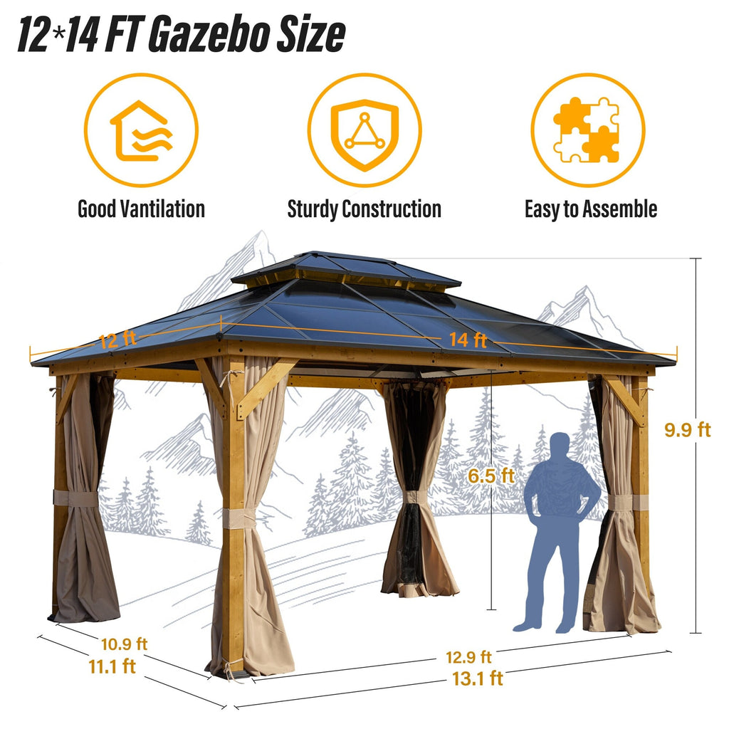 Gazebo à toit rigide EROMMY, pergola d'extérieur avec double toit, filet et rideaux, auvent robuste pour patio, arrière-cour, fête au bord de la piscine