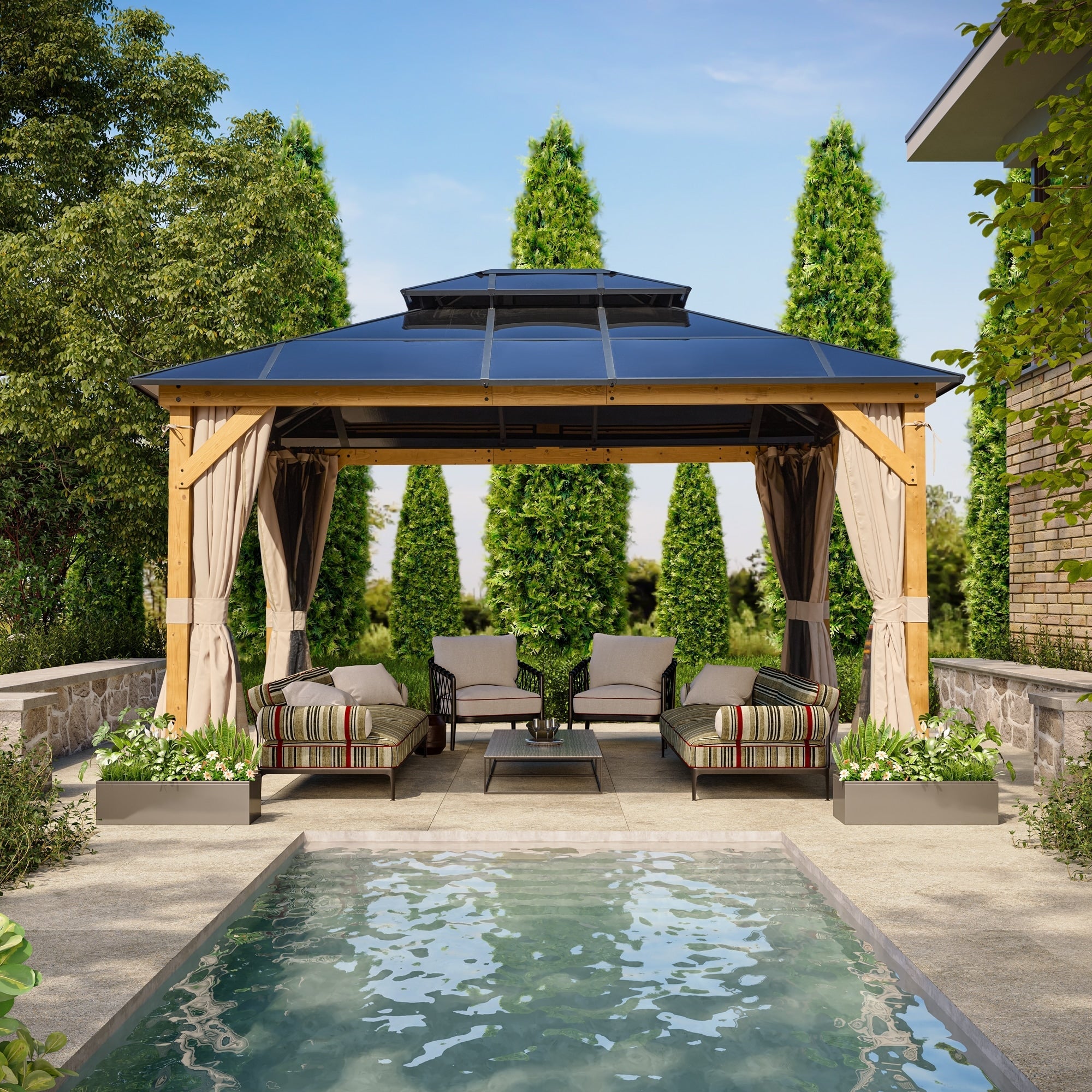 Gazebo à toit rigide EROMMY, pergola d'extérieur avec double toit, filet et rideaux, auvent robuste pour patio, arrière-cour, fête au bord de la piscine