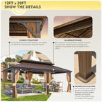 Tonnelle d'extérieur à toit rigide avec double toit en acier galvanisé et cadre en aluminium, pergola extérieure avec rideaux et filets haut de gamme