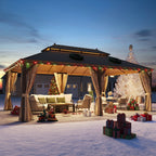 Tonnelle d'extérieur à toit rigide avec double toit en acier galvanisé et cadre en aluminium, pergola extérieure avec rideaux et filets haut de gamme