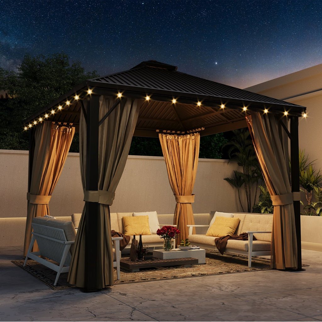 Tonnelle d'extérieur à toit rigide avec double toit en acier galvanisé et cadre en aluminium, pergola extérieure avec rideaux et filets haut de gamme