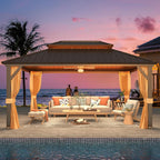 Tonnelle d'extérieur à toit rigide avec double toit en acier galvanisé et cadre en aluminium, pergola extérieure avec rideaux et filets haut de gamme