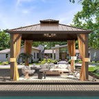 Tonnelle d'extérieur à toit rigide avec double toit en acier galvanisé et cadre en aluminium, pergola extérieure avec rideaux et filets haut de gamme